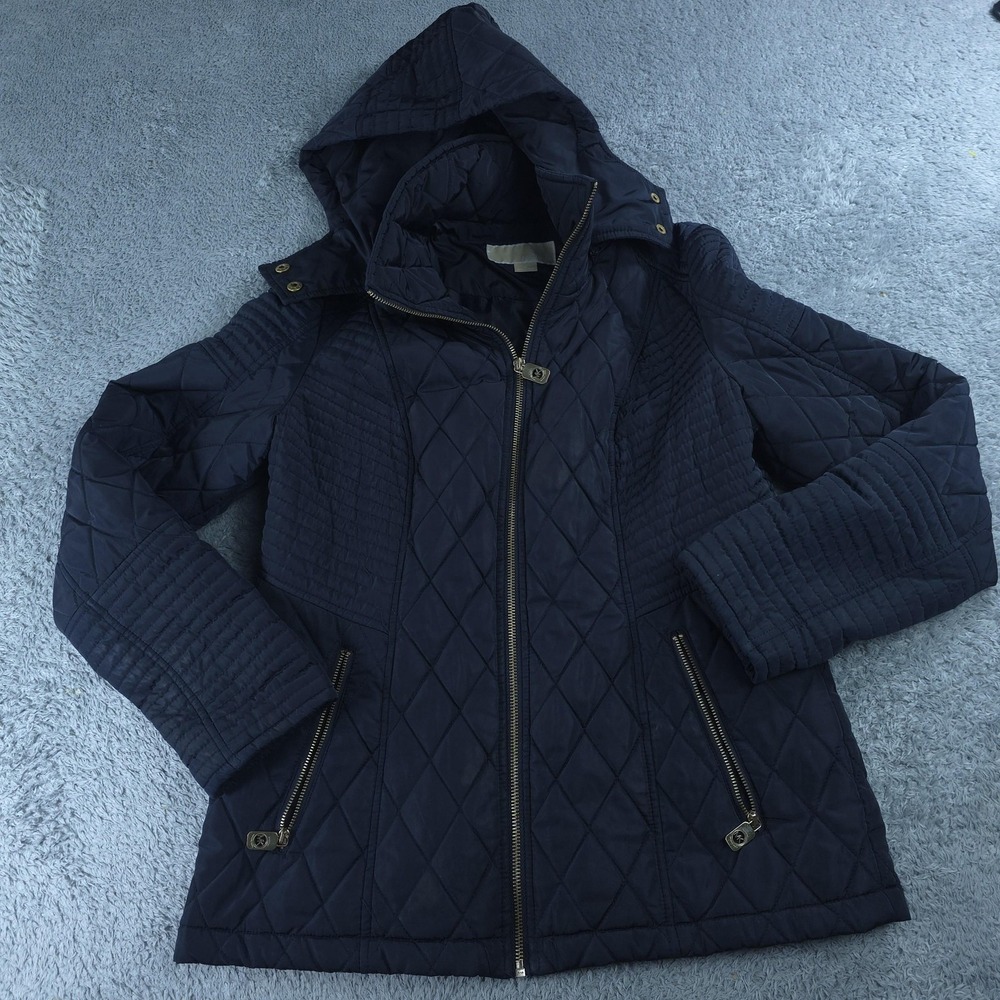 MICHAEL Michael Kors Jacket Womens Medium Blue Quilted Hooded Full Zip Pockets